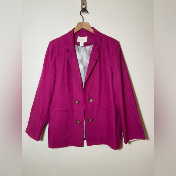 Halston Jacket Womens XL Pink Blazer Open Front Linen Office Work Preppy - Picture 1 of 9